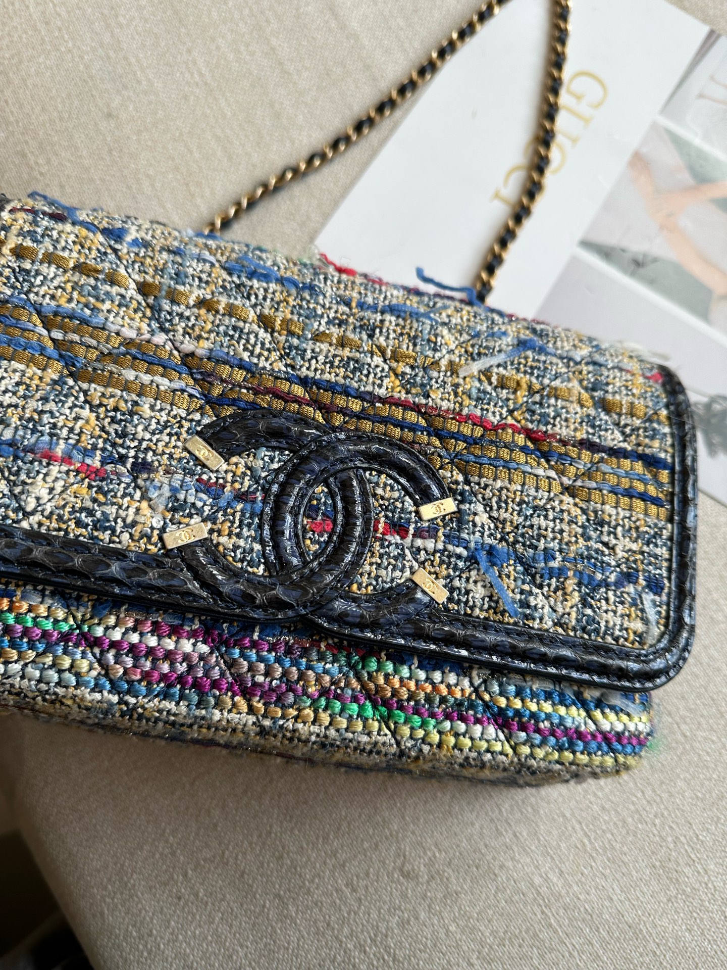 Chanel Rainbow Tweed Blue Snakeskin Crossbody Bag